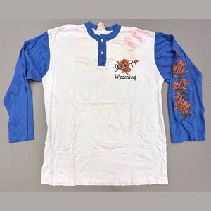 Vintage 70s Raglan T Shirt Wyoming Graphic XL 3/4 Sleeve Blue Single Stitch 80s